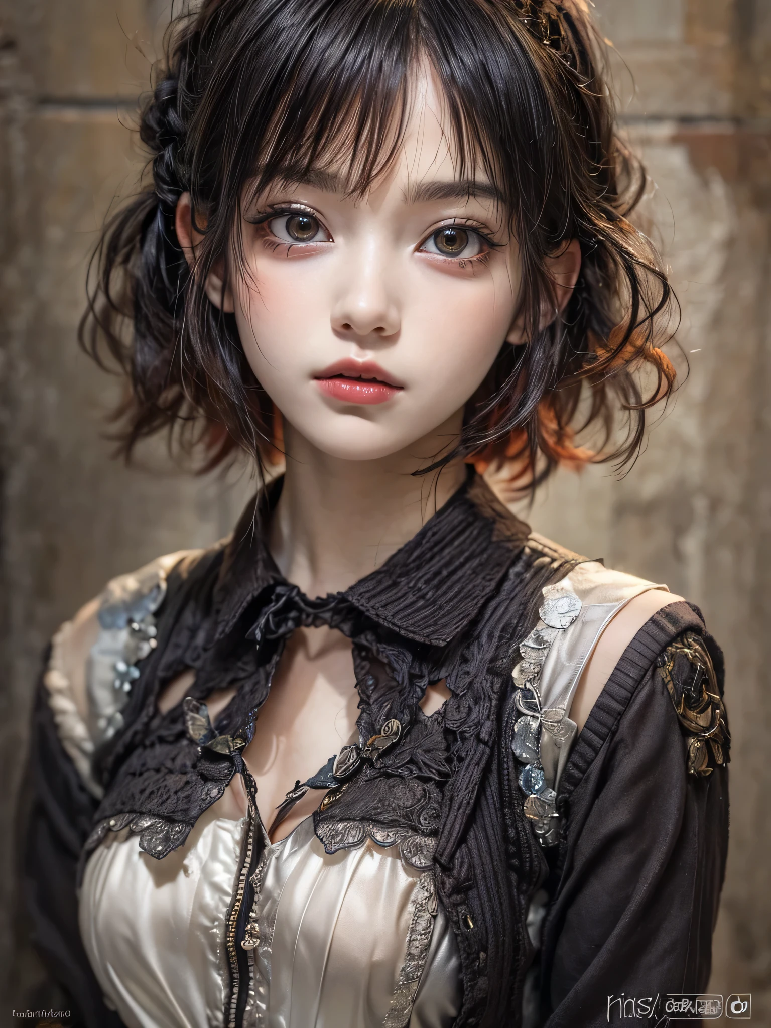 One Girl,(1人のとてもcute女の子:1.3),masterpiece,Highest quality,High resolution,From below,Low - Angle,Photorealistic,RAW Photos,Ray Tracing,beautiful girl,(:1.3),cute,Big eyes,(detailed pupils:1.2),(The face is facing straight ahead:1.3),Body facing forward,Beautiful nose,High nose,Upturned nose,Fuller lips,Short black hair,ponytail,short hair,Detailed eyelashes,Thin eyebrows,Very fine grain definition,(Symmetrical eyes:1.3),(Face close-up,Face Focus:1.0),Small breasts,Short neck,,Red and white brick building,Western-style building,poplar tree,Portrait,View Viewer,Upper Body,Cinema Lighting,High resolution,Very detailed