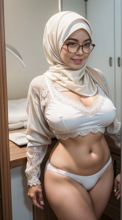 One woman, 45-Years-Old, Hijab Beautiful Indonesian Mature Woman, Wearing white micro bikini, Erotic Pose, Realistic Ultra Gigantic Breast, PP cup Breast, Seducting Look, Soft Smiling. standing, heels, no pants,  round glasses, detailed face, realistic, white underwear, crop top, lace panties, big ass, silk, full body portrait, plump