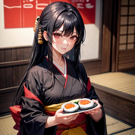 A woman with long black hair wearing a kimono is making sushi
