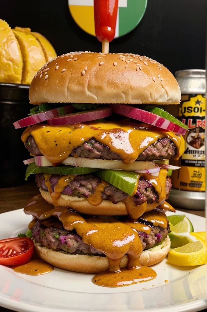 "A delicious, juicy burger with all the toppings, served on a plate"
