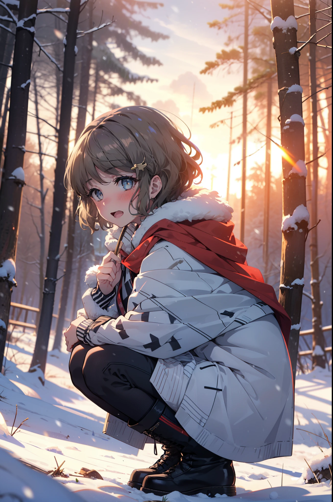 tomoekoga, Chie Koga, short hair, Brown Hair, blue eyes, hair band,smile,blush,White Breath,Medium Chest,
Open your mouth,snow,Ground bonfire, Outdoor, boots, snowing, From the side, wood, suitcase, Cape, Blurred, having meal, forest, White handbag, nature,  Squat, Mouth closed, Cape, winter, Written boundary depth, Black shoes, red Cape break looking at viewer, Upper Body, whole body, break Outdoor, forest, nature, break (masterpiece:1.2), Highest quality, High resolution, unity 8k wallpaper, (shape:0.8), (Beautiful and beautiful eyes:1.6), Highly detailed face, Perfect lighting, Highly detailed CG, (Perfect hands, Perfect Anatomy),