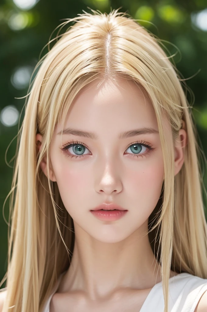 Blonde White girl with tan skin and with dark green eyes 