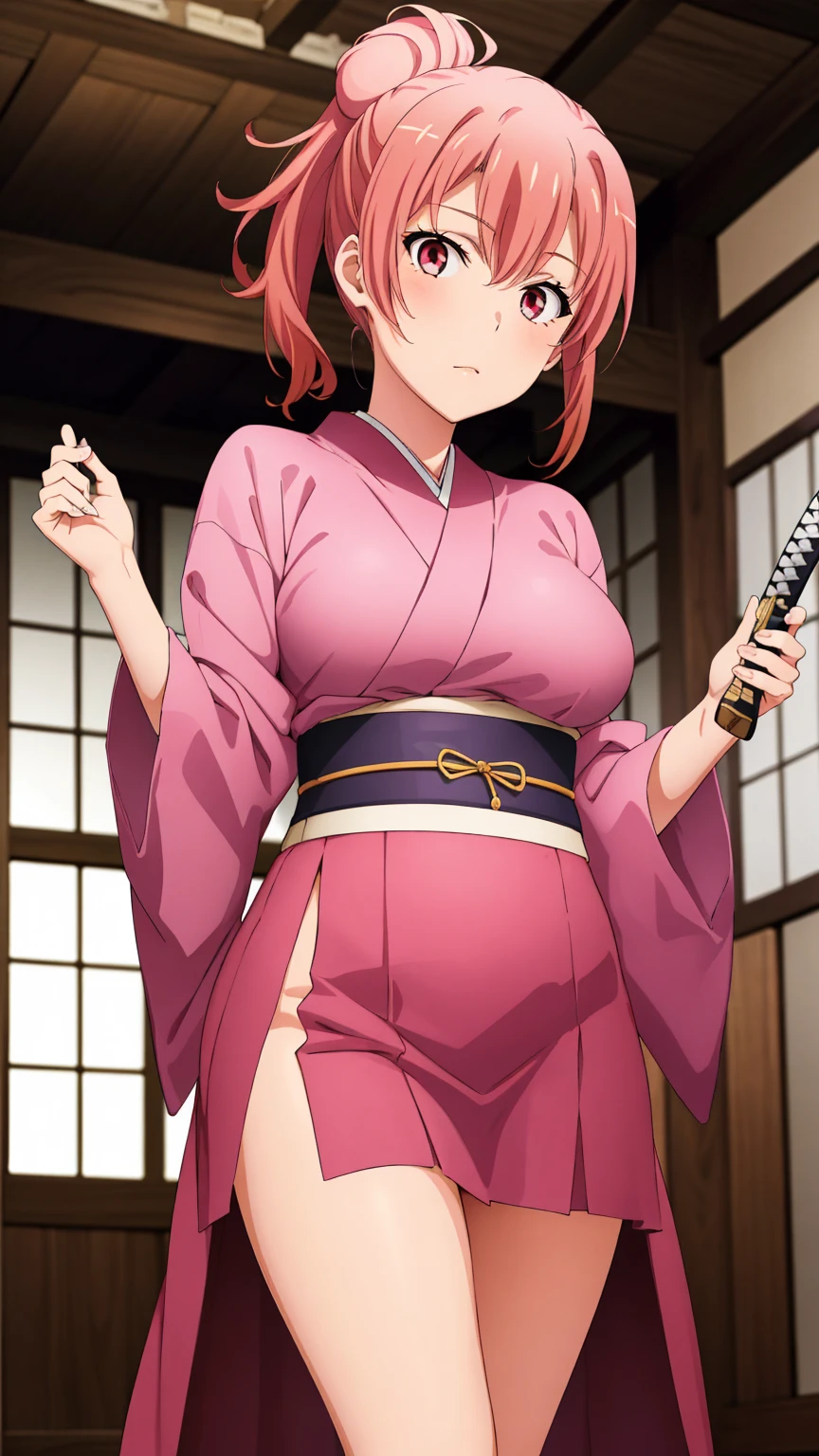 highest quality, High resolution, perfect pixel, Depth of the bounds written, 4k, beautiful anime girl, perfect body,
looking at the viewer,
Yuigahama Yui, 1 girl, short hair, pink hair, hair bun, pink eye,
large breast,
1girl, samurai girl, {holding katana}, standing, young girl,
ponytail hair,
indoor, {Japanese room}, facing the front, cowboy shot, solo focus, from outside, perfect anatomy, intricate, (highly detailed),