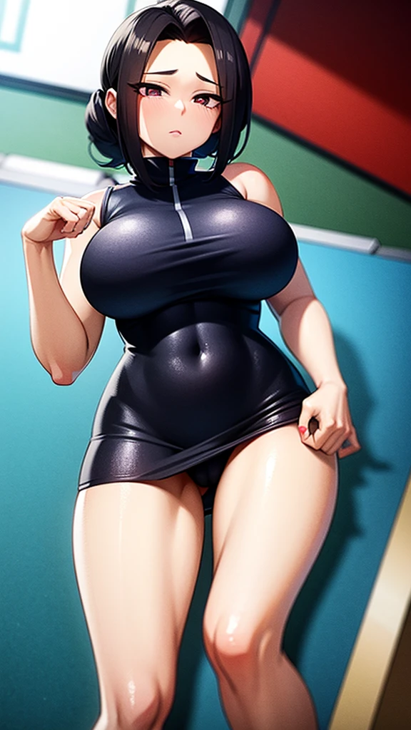 Yaoyorozu , standing , pov from top , big eyes , beautiful face , eyelashes , hot , cheerleader outfit , my hero academia style , big round breasts , sexy , thighs