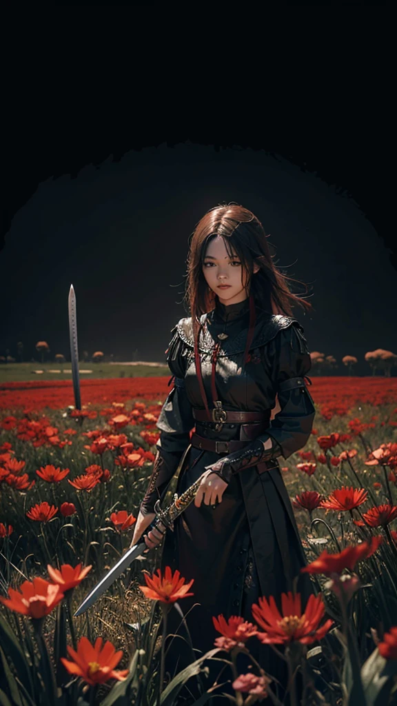A sword with blood stuck in a field of lycoris radiata flowers. black background