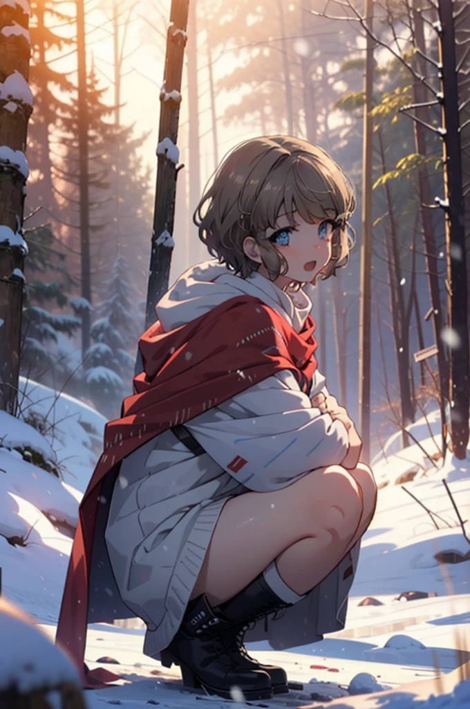 tomoekoga, Chie Koga, short hair, Brown Hair, blue eyes, hair band,smile,blush,White Breath,Medium Chest,
Open your mouth,snow,Ground bonfire, Outdoor, boots, snowing, From the side, wood, suitcase, Cape, Blurred, having meal, forest, White handbag, nature,  Squat, Mouth closed, Cape, winter, Written boundary depth, Black shoes, red Cape break looking at viewer, Upper Body, whole body, break Outdoor, forest, nature, break (masterpiece:1.2), Highest quality, High resolution, unity 8k wallpaper, (shape:0.8), (Beautiful and beautiful eyes:1.6), Highly detailed face, Perfect lighting, Highly detailed CG, (Perfect hands, Perfect Anatomy),