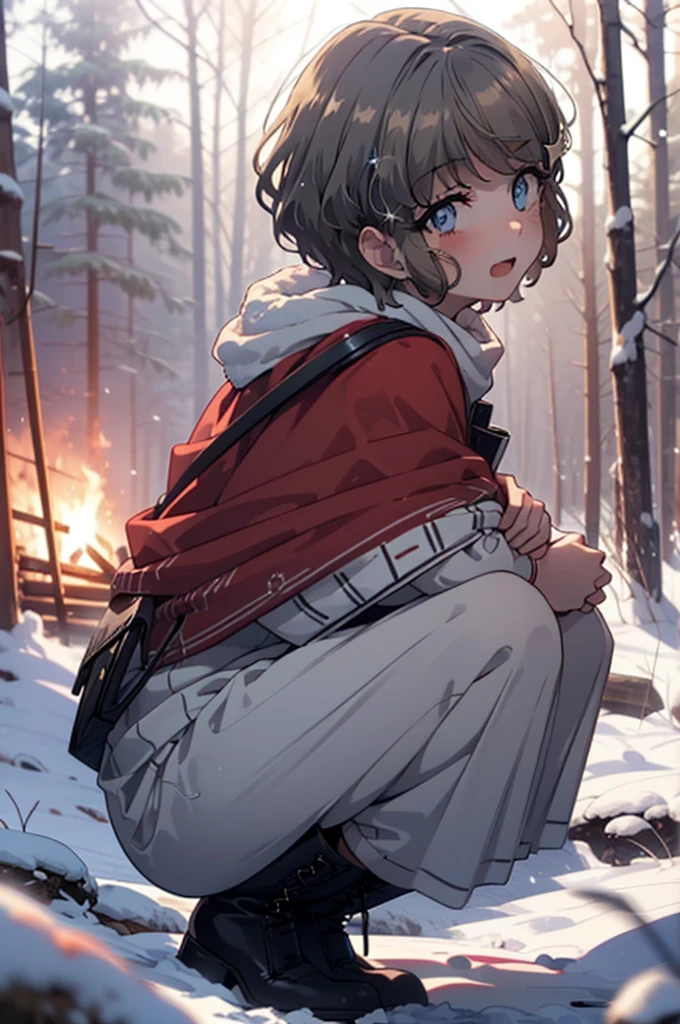 tomoekoga, Chie Koga, short hair, Brown Hair, blue eyes, hair band,smile,blush,White Breath,Medium Chest,
Open your mouth,snow,Ground bonfire, Outdoor, boots, snowing, From the side, wood, suitcase, Cape, Blurred, having meal, forest, White handbag, nature, Squat, Mouth closed, Cape, winter, Written boundary depth, Black shoes, red Cape break looking at viewer, Upper Body, whole body, break Outdoor, forest, nature, break (masterpiece:1.2), Highest quality, High resolution, unity 8k wallpaper, (shape:0.8), (Beautiful and beautiful eyes:1.6), Highly detailed face, Perfect lighting, Highly detailed CG, (Perfect hands, Perfect Anatomy),