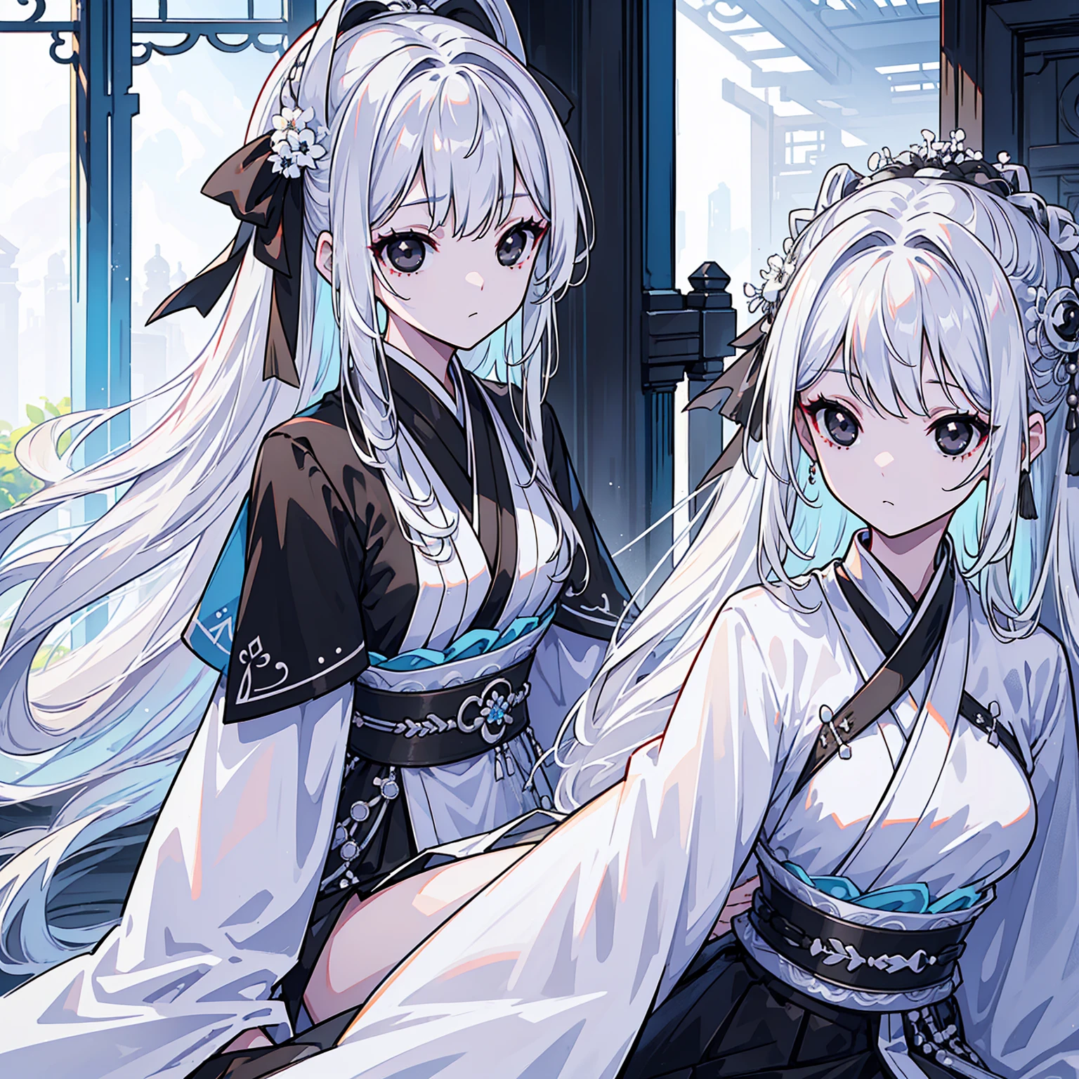 (Top image quality)、(Ultra Detailed)、(Facing forward)、top quality、masterpiece、(((1 girl)))、Silver Hair、white hair、((Long hair))、(black eyes:1.6)、(Hanfu)