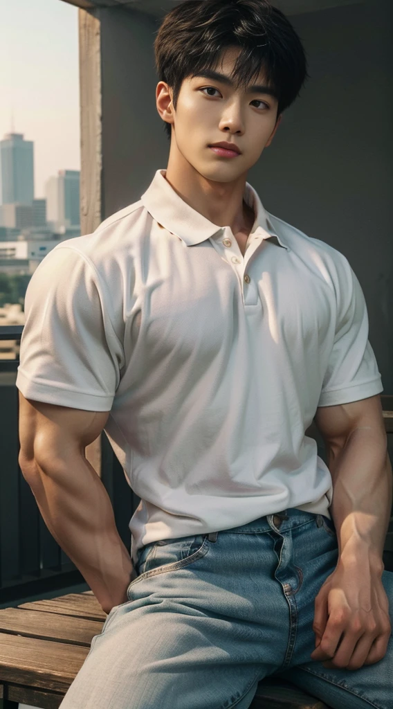 Thai man ,man，He is about 30 years old.，Rough and handsome appearance，Big muscleuscleหน้าอกขนาดใหญ่，(white polo shirt park:1.3)，Jeans ,Big waistline，chest hair，sitting on the roadside，Wearing the tongs，buzz cut, angry, sullen, best quality, Masterpiece，(outdoor background road :1.5)，（Have muscles：4.5），（fat：1.5），（gray hair：1.5 ），（gray body hair：1.5），（skin wrinkles：1.5），（shine on the skin：1.5），(best quality,High resolution,Masterpiece:1.2),The eyes are natural and delicate.,1 person,alone,gay asian,muscle,Long legs,brave,short hair details,conjunctivitis ,stalwart,brown eyes,in the bedroom,