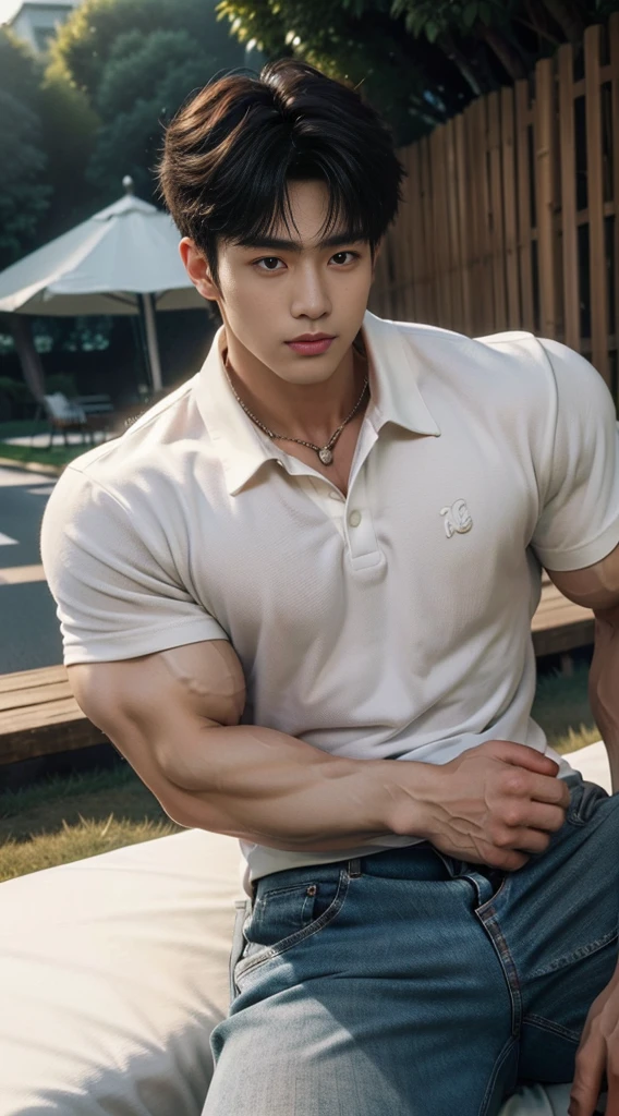 Thai man ,man,He is about 30 years old.,Rough and handsome appearance,Big muscleuscleหน้าอกขนาดใหญ่,(white polo shirt park:1.3),Jeans ,Big waistline,chest hair,sitting on the roadside,Wearing the tongs,buzz cut, angry, sullen, best quality, Masterpiece,(outdoor background road :1.5),(Have muscles:4.5),(fat:1.5),(gray hair:1.5 ),(gray body hair:1.5),(skin wrinkles:1.5),(shine on the skin:1.5),(best quality,High resolution,Masterpiece:1.2),The eyes are natural and delicate.,1 person,alone,gay asian,muscle,Long legs,brave,short hair details,conjunctivitis ,stalwart,brown eyes,in the bedroom,