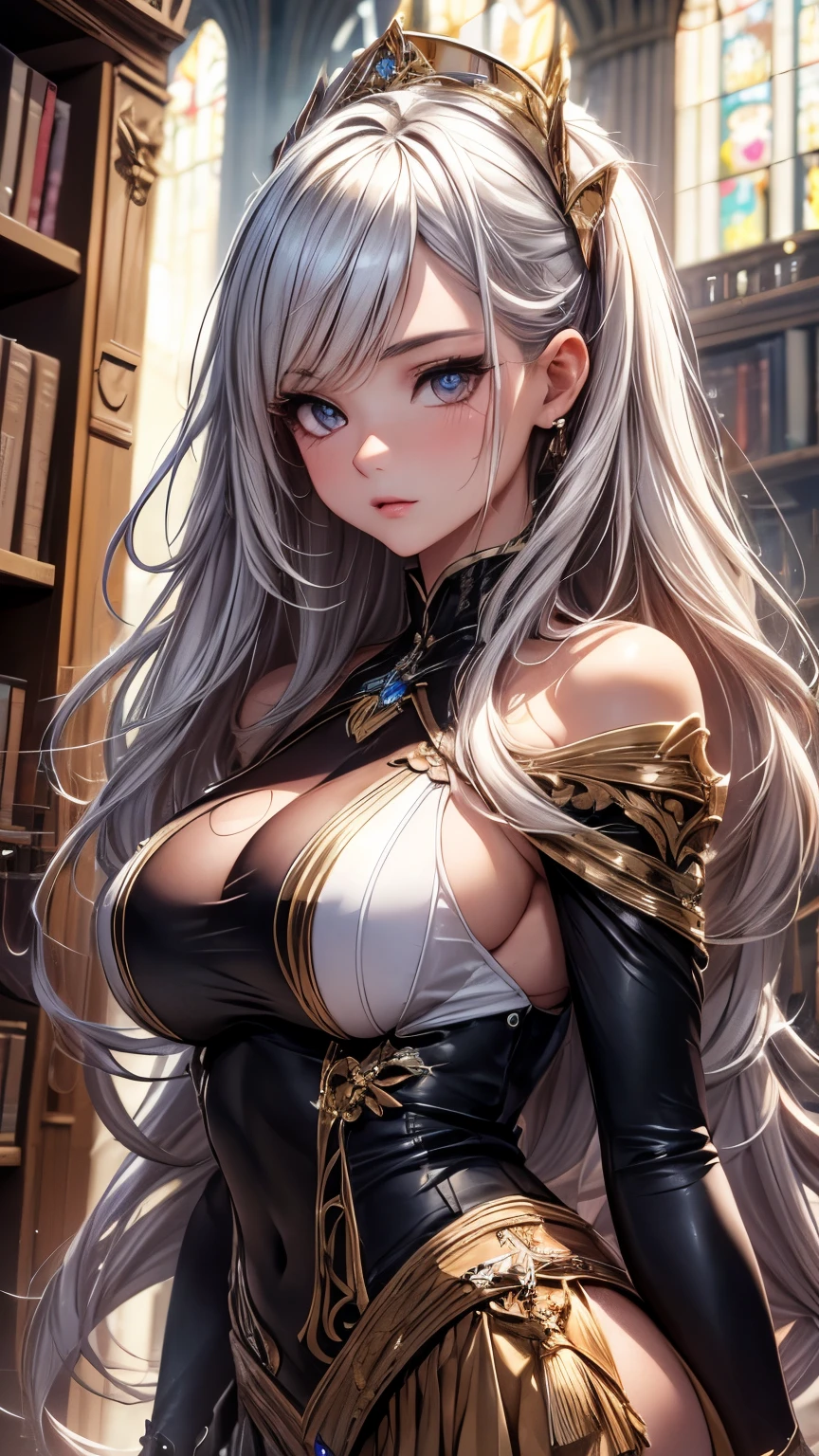 Highest quality, Super quality, 16K, Incredibly absurd, Very detailed, 2.5D, delicate and dynamic, cathedral, library, machine, , Small face, Extremely delicate facial expression, Delicate eye depiction, Extremely detailed hair, Upper body close-up, , sole sexy Jnese lady, healthy shaped body, 22 years old lady, Wizard, huge firm bouncing busts, white silver long hair, sexy longgs, Glowing Skin, , ゴシック風の派手なWizardのコスチューム, brown tight skirt, black leather long boots, Owl on shoulder