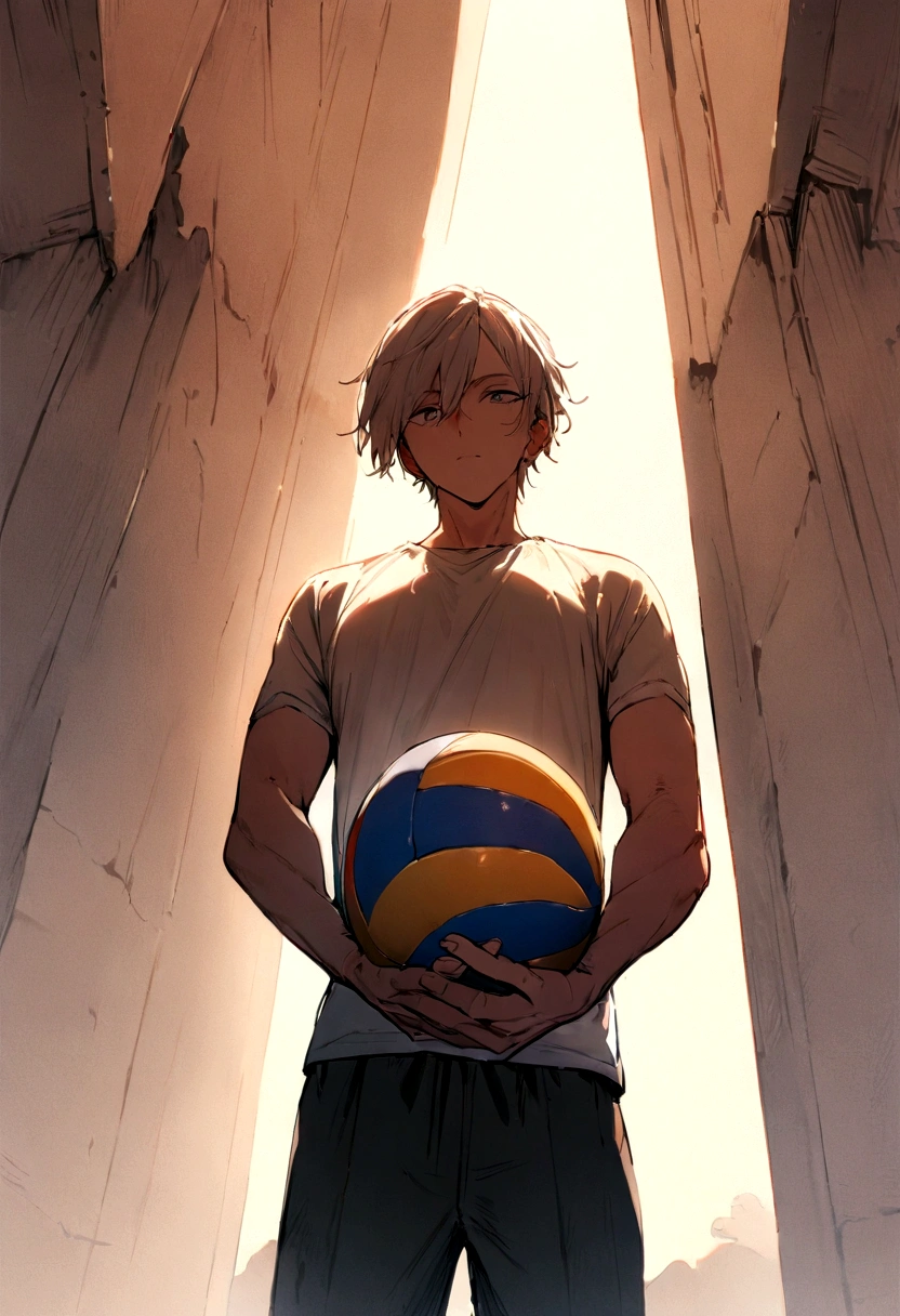  ((masterpiece, best quality, more detail)), ((1man)),  A 22 year old man, holding a beach volleyball in both hands below , Lean to the left  , View from bottom to top