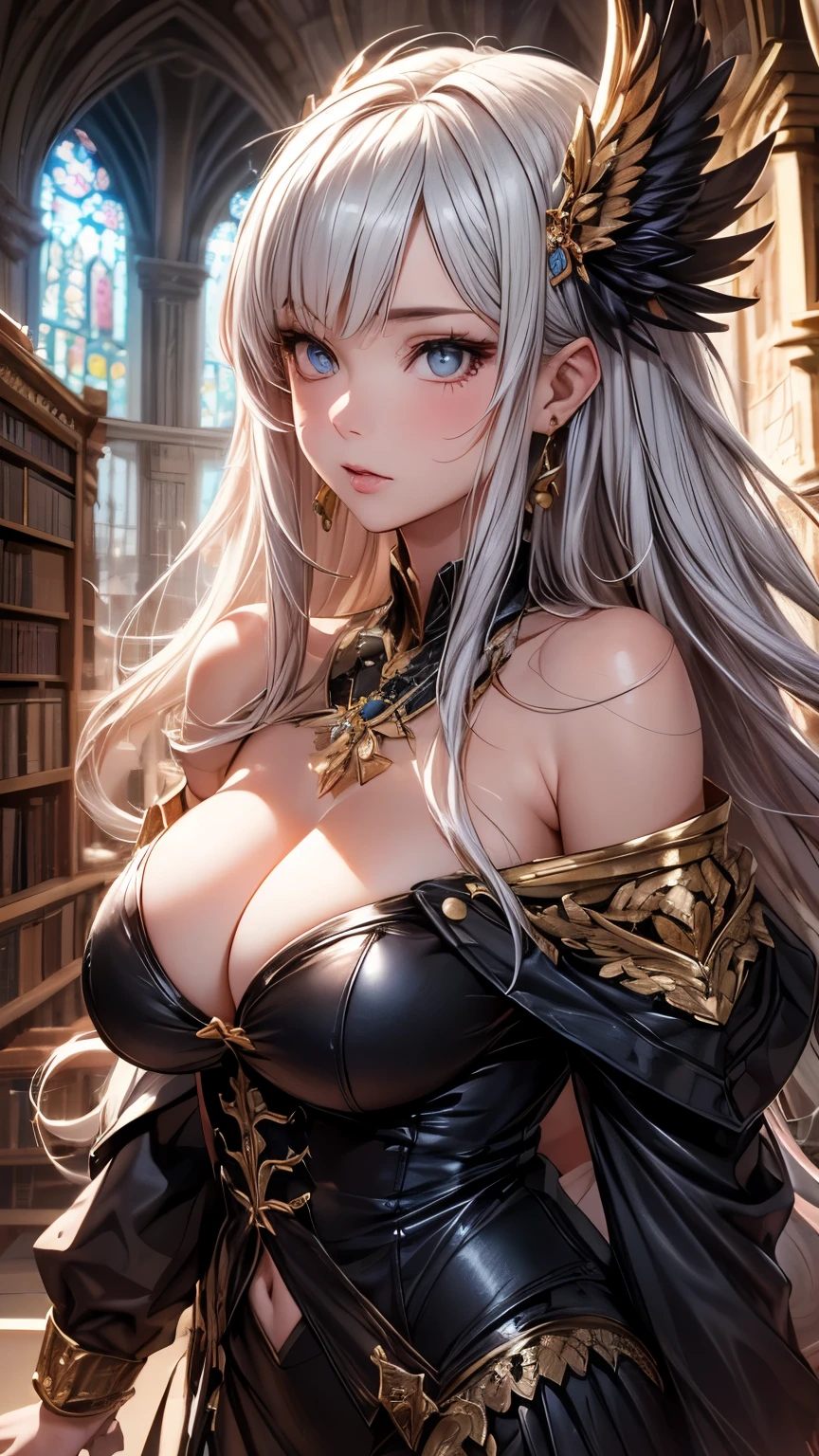 Highest quality, Super quality, 16K, Incredibly absurd, Very detailed, 2.5D, delicate and dynamic, cathedral, library, machine, , Small face, Extremely delicate facial expression, Delicate eye depiction, Extremely detailed hair, Upper body close-up, erotic, sole sexy Japanese lady, healthy shaped body, 22 years old lady, Wizard, huge firm bouncing busts, white silver long hair, sexy long legs, Glowing Skin, , ゴシック風の派手なWizardのコスチューム, brown tight skirt, black leather long boots, Owl on shoulder