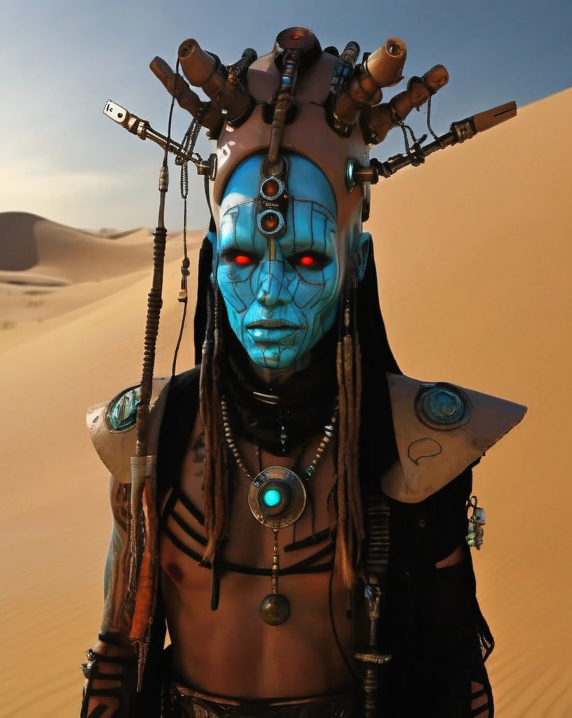Echoes , high quality photo of a mistic shaman cyberpunk in a Dune's scene, portrait of a futuristic shaman voodoo master cyborg,