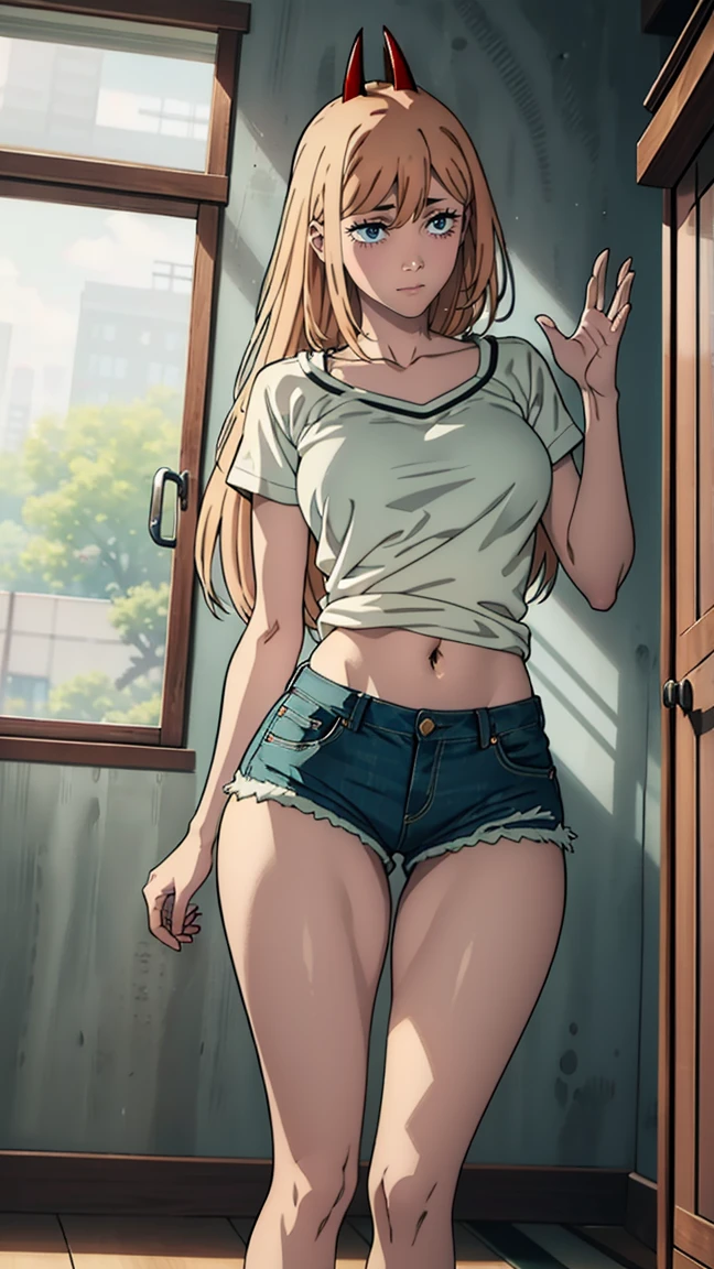 ultra sharp image, beautiful figure, beautiful, full length (full body 1.1.), slender legs, buttocks, slender legs, Wasp waist, erotica, sexy pose, Mouth open in a smile, sharp teeth, laughing,  yellow eyes, ultra detailed face, Ultra transparent, Chainsaw Man Energy, Two red sharp horns on the head, ultra sharp image, very beautiful, long hair, blonde, beautiful figure, tight clothes, T-shirt with the image of a cat, denim shorts, shoes, Red crosses and circles instead of pupils, Beautiful body, sexy clothes, Beautiful eyes, very detailed eyes, Very detailed face, Beautiful body, Chereter Design, Very detailed, detailed body, detailed hands, detailed, bright, detailed Face, sharp focus, clap, Artgerm, anime art, bright, detailed Face, Hugh Details, sharp focus, Very downcast face, detailed eyes, Super lovely illustration, best shadow, finely detail, beautiful detail