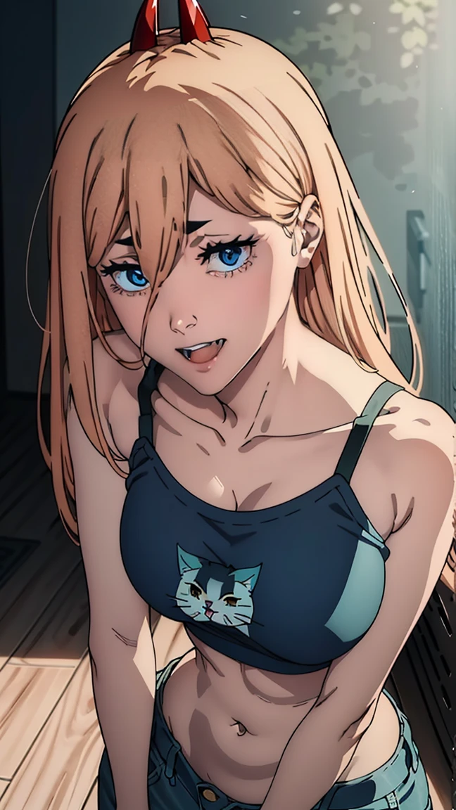 ultra sharp image, beautiful figure, beautiful, full length (full body 1.1.), slender legs, buttocks, slender legs, Wasp waist, erotica, sexy pose, Mouth open in a smile, sharp teeth, laughing,  yellow eyes, ultra detailed face, Ultra transparent, Chainsaw Man Energy, Two red sharp horns on the head, ultra sharp image, very beautiful, long hair, blonde, beautiful figure, tight clothes, T-shirt with the image of a cat, denim shorts, shoes, Red crosses and circles instead of pupils, Beautiful body, sexy clothes, Beautiful eyes, very detailed eyes, Very detailed face, Beautiful body, Chereter Design, Very detailed, detailed body, detailed hands, detailed, bright, detailed Face, sharp focus, clap, Artgerm, anime art, bright, detailed Face, Hugh Details, sharp focus, Very downcast face, detailed eyes, Super lovely illustration, best shadow, finely detail, beautiful detail
