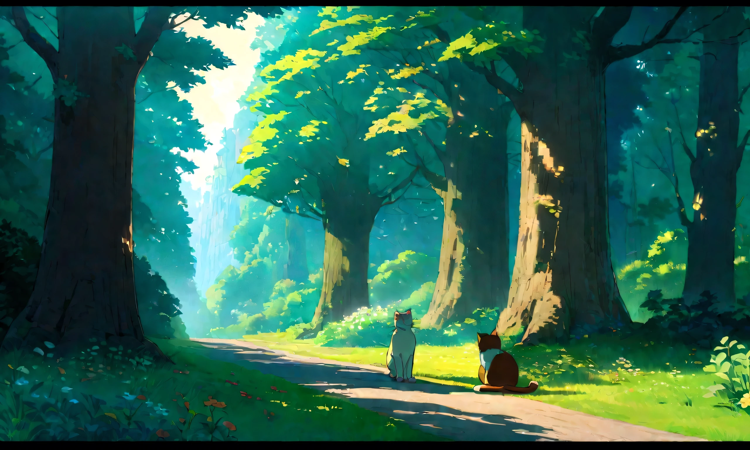 Studio Ghibli-style anime movies, Movie stills, Highest quality, masterpiece, Representative works, Official Art, Professional, Super intricate details, 8K,There is a cat in the distance, in the forest、relax、Streetscape