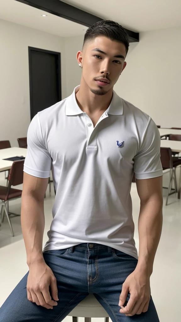 Tony Labrusca, young people, , White Polo Shirt, studio, matures,Portrait, man, A serious masterpiece, model  , Wide yard, tables, chairs, bathrooms