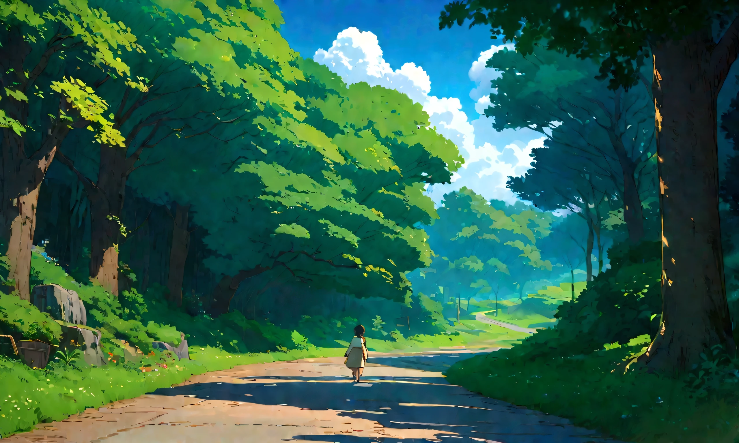 Studio Ghibli-style anime movies, Movie stills, Highest quality, masterpiece, Representative works, Official Art, Professional, Super intricate details, 8K,There is a cat in the distance, in the forest、relax、Streetscape