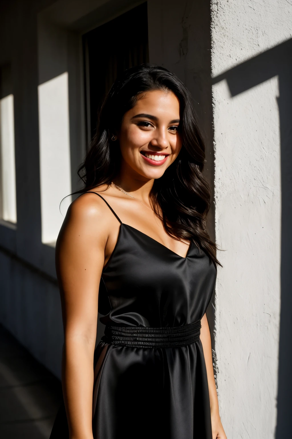 photo and gross, Face portrait photo of beautiful 26 years old..oh woman, Beautiful face, wearing a black dress, happy face, hard shadows, cinematic shot, dramatic lighting, latina, perfect teeth