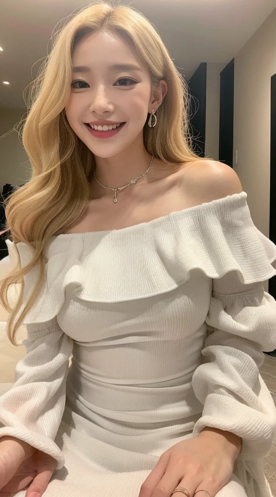 Surreal beautiful woman with blonde wavy hair and a big smile on her face.South Korea.Pure white off-shoulder low-cut dress.role play