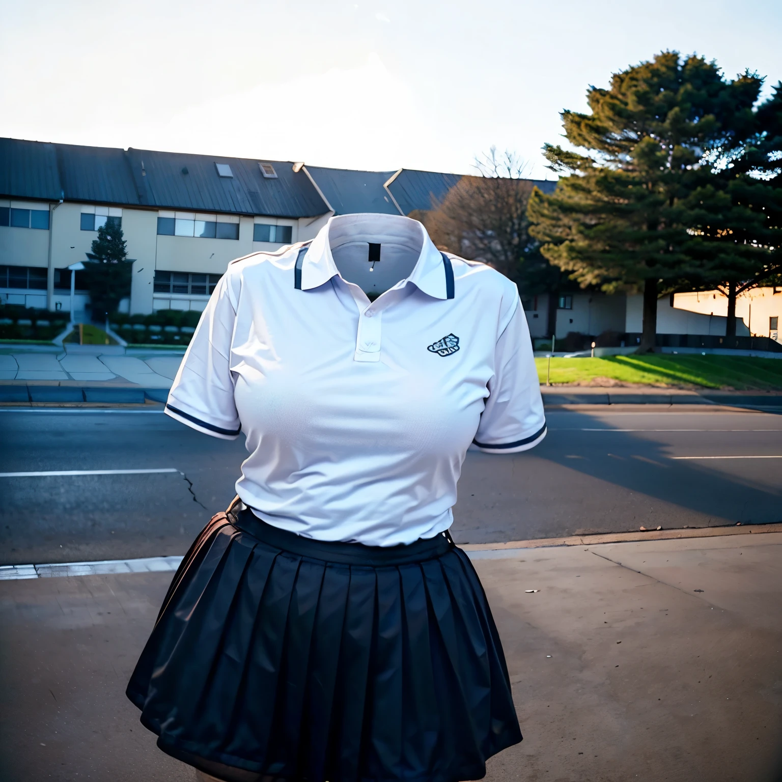 (from side), leaning forward, Clothing Details, (invisible, no humans, headless, faceless:1.5), black tights, fat, chubby, cute big breast, school polo shirt, (8k, RAW photo, best quality, masterpiece:1.2), (realistic, photo-realistic:1.37), photon mapping, radiosity, ((Hasselblad photography)), physically-based rendering
