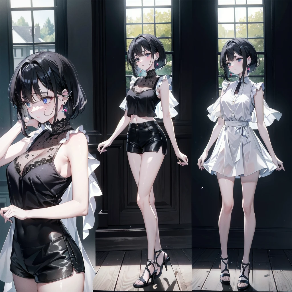 absurdres, RAW photo, extremely delicate and beautiful, masterpiece, Best Quality, ultra high resolution, 32k, hyperrealistic, ultra-detailed, in her 20s, delicate facial features, tearful mole, earring, medium breasts, full body shot, shorter middle hair, black hair, Sleeveless shirt, shorts,