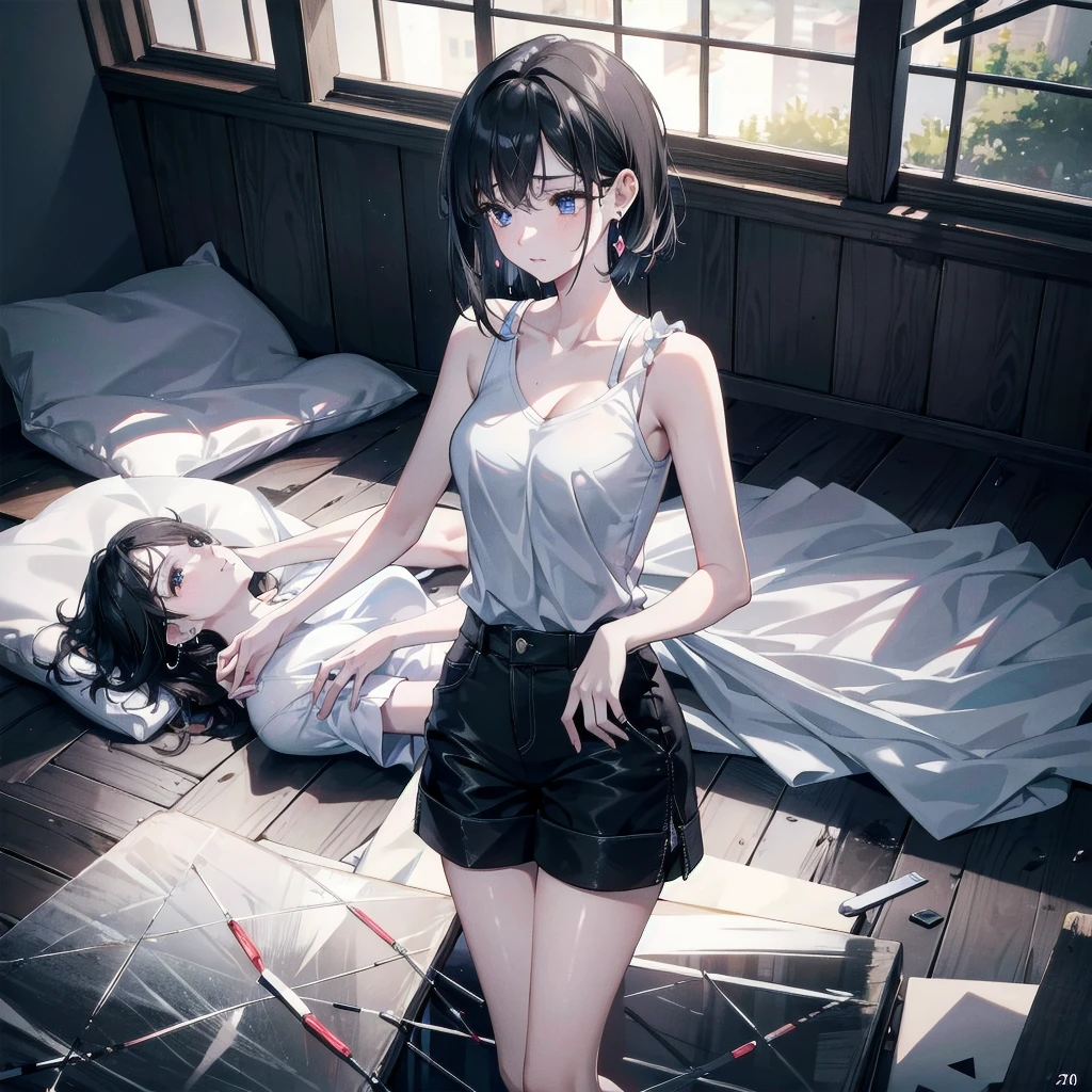 absurdres, RAW photo, extremely delicate and beautiful, masterpiece, Best Quality, ultra high resolution, 32k, hyperrealistic, ultra-detailed, in her 20s, delicate facial features, tearful mole, earring, medium breasts, full body shot, shorter middle hair, black hair, Sleeveless shirt, shorts,