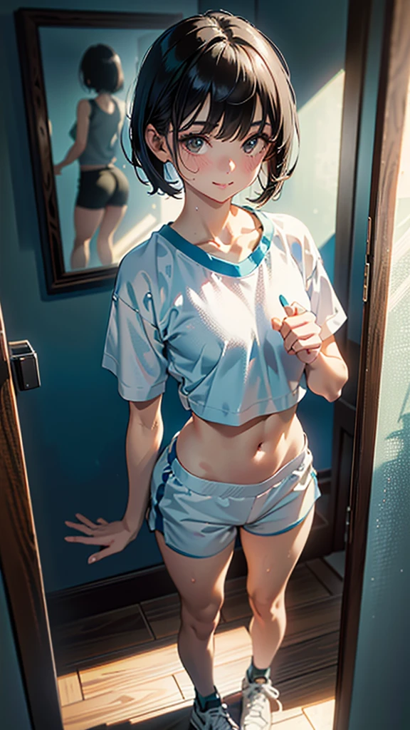 (8K, RAW Photos, 最high quality, masterpiece:1.2), high qualityのRAWカラー写真, Professional photo shoot, Cinematic Light, alone, (((young woman, Gal))), (Sharp features), (Small face), (Skin with attention to detail:1.2), clavicle, Cute face, beautiful appearance, Long eyelashes,Girl Turning Around, smile, (Black Hair, Very Short Hair), White T-shirt, Sporty shorts, gym, Confident attitude, Capture the happy moment, Artistic painting,Attractive thighs, sneakers:1.2, (Very nice touch:1.2),はにかんだsmile), Peaceful atmosphere, Oil painting style, Bright colors, (Are standing:1.5, gymのコート, Full body portrait), Smooth texture, Gazing Eyes, beautiful Skin, Shiny skin, ((Perfect Fingers, Five Fingers, Anatomically correct)), Background Blur, high quality, Surreal, ((Very detailed, photo shoot)),thin、showing her 、beautiful Abs、Sweaty、beautiful 、Full Body Shot、Open shirt、beautiful腹筋、Small breasts、slender、show small breasts、I'm sweating a lot、blush、Hanging a towel around your neck