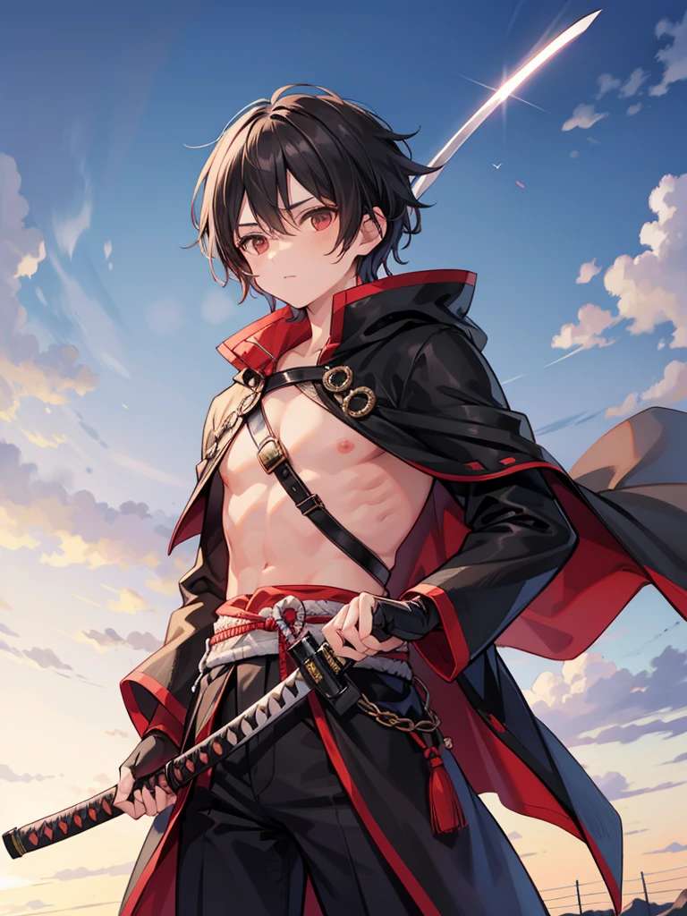 masculine teenage boy, medium length black hair, brown eyes, black cloak, holding sheathed katana