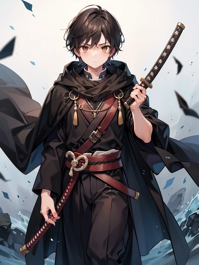 masculine teenage boy, medium length black hair, brown eyes, black cloak, holding sheathed katana