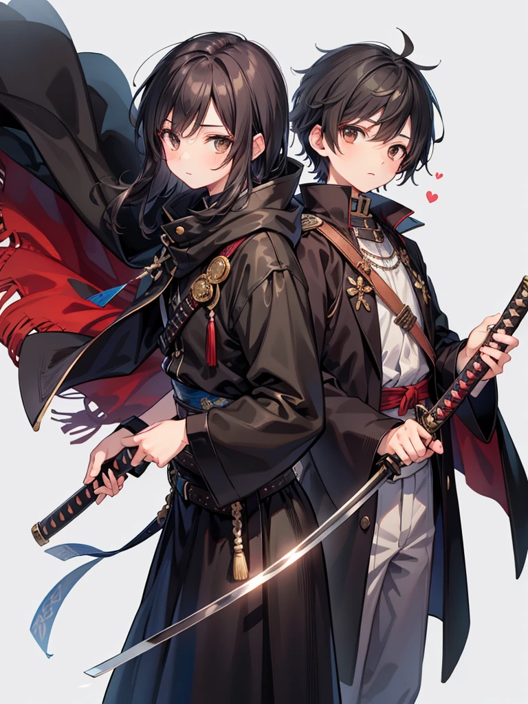 masculine teenage boy, medium length black hair, brown eyes, black cloak, holding sheathed katana