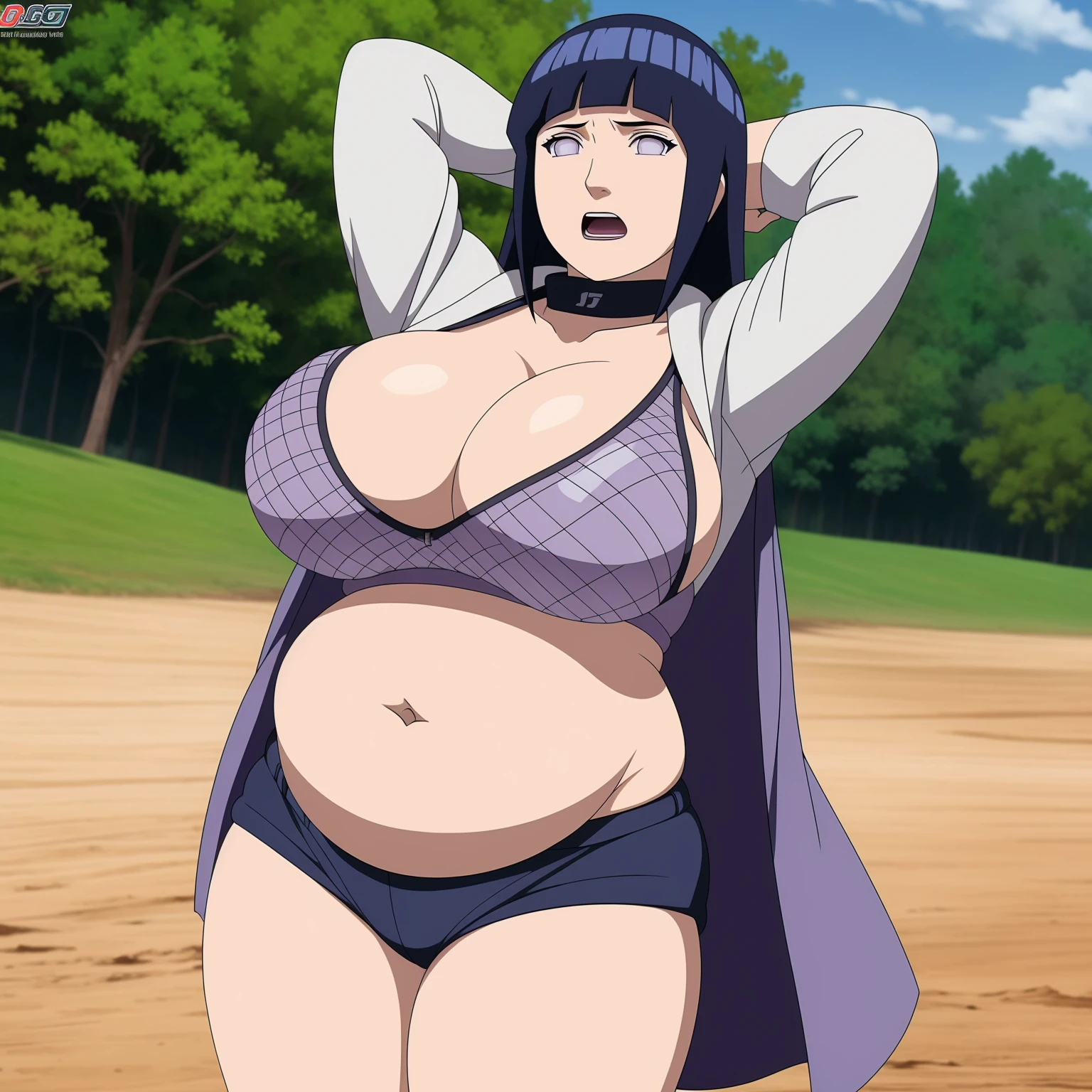 Hyūga Hinata, 1lady solo standing, /(grid girl/) clothes with logo, MILF Woman, /(dark blue hair/) bangs, white eyes, (masterpiece best quality:1.2) delicate illustration ultra-detailed, large breasts, Her Clothes Cannot Cover Her large breast, BREAK /(racing circuit outdoors/), racing car audience, detailed background, Best Quality 32k HDR, ((big belly, massive belly, giant belly)), shocked, open mouth, (hands behind head:1.4), (solo:1.5)