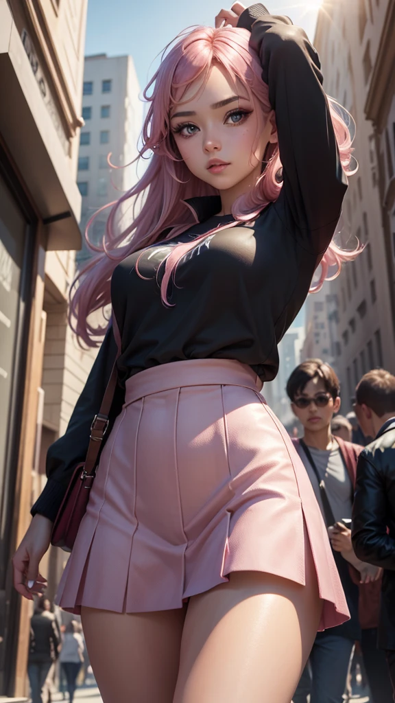 a masterpiece, best quality, highres, absurdres, 1girl, crowd, skirt, pink hair, gasai yuno, from below, revealing clothes, skindentation, outdoors, sunlight, street, looking at viewer, blush, detailed face, beautiful detailed eyes, beautiful detailed lips, extremely detailed face, long eyelashes, cinematic lighting, depth of field, volumetric lighting, photorealistic, digital painting, concept art, vibrant colors, dynamic pose