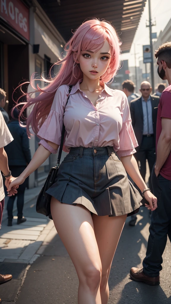 a masterpiece, best quality, highres, absurdres, 1girl, crowd, skirt, pink hair, gasai yuno, from below, revealing clothes, skindentation, outdoors, sunlight, street, looking at viewer, blush, detailed face, beautiful detailed eyes, beautiful detailed lips, extremely detailed face, long eyelashes, cinematic lighting, depth of field, volumetric lighting, photorealistic, digital painting, concept art, vibrant colors, dynamic pose
