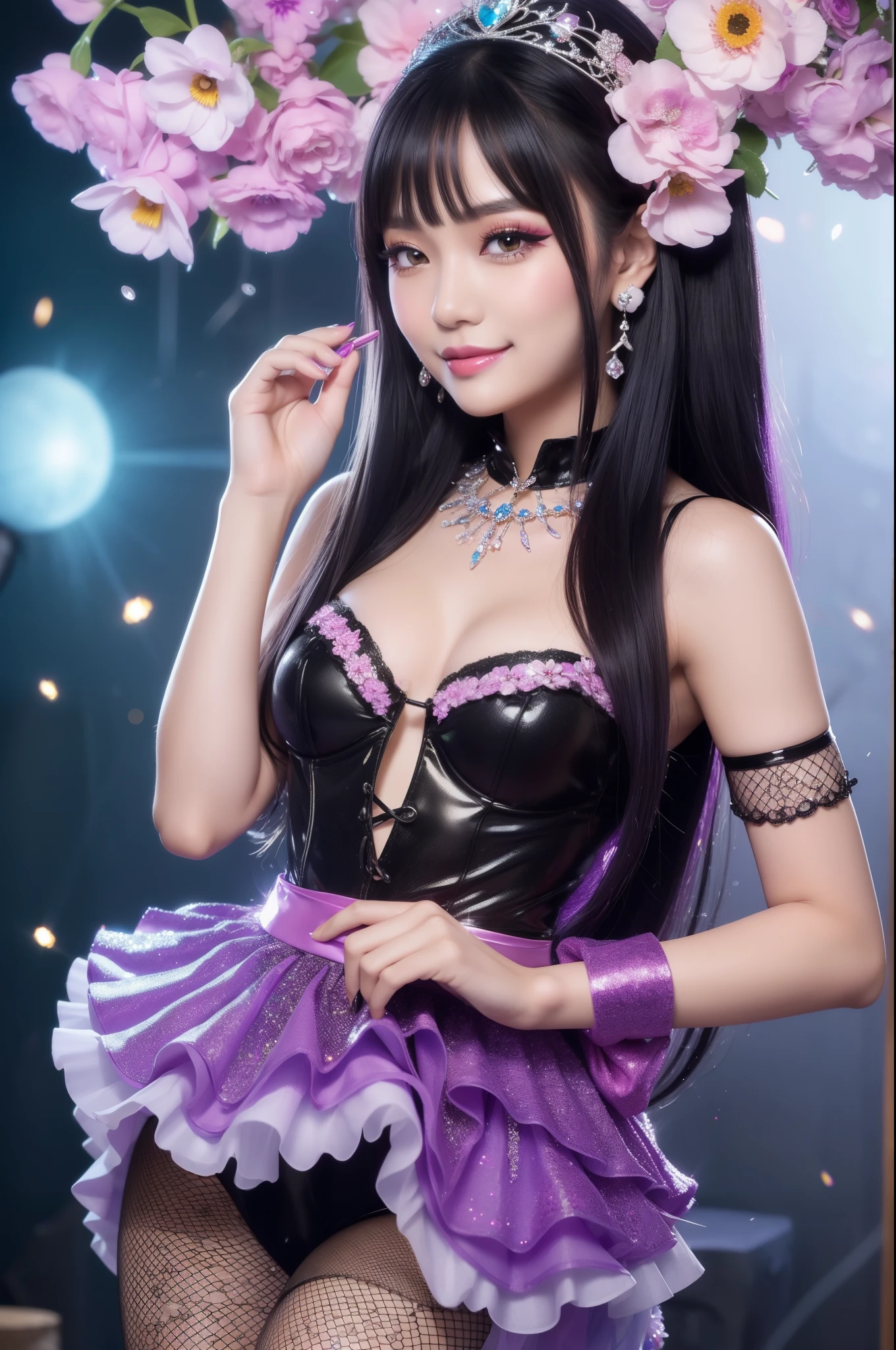 sexy Thai model who controls poison、beautiful smile、lipgloss、long lashes、smokey eyeshadow、look at the camera、full body Esbian、、sparkling poisoned flower costume、、、、sparkling Colorful hair、secrete poison、skull hair accessories、fishnet tights、shiny sparkling flowers background