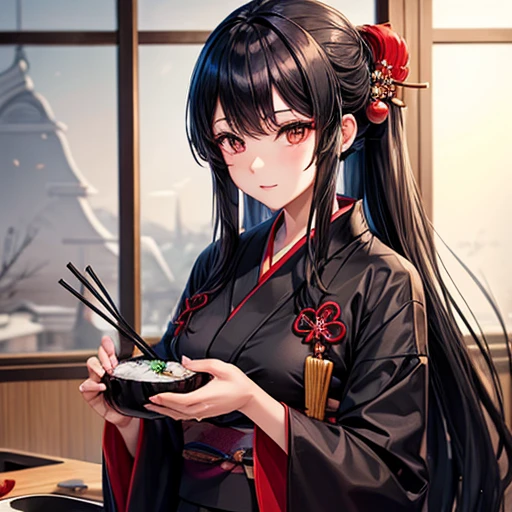 A woman with long black hair wearing a kimono is making sushi Black kimono