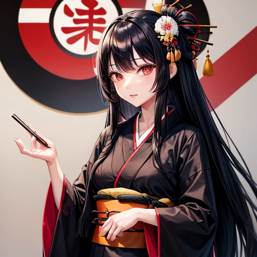A woman with long black hair wearing a kimono is making sushi Black kimono