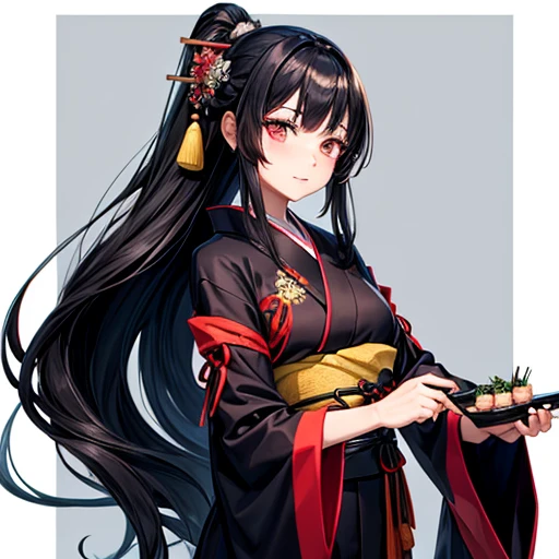A woman with long black hair wearing a kimono is making sushi　Black kimono
