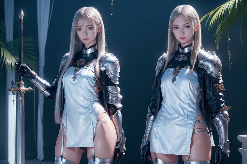Top quality, masterpiece, very high resolution, (photorealistic: 1.4), Raw photo, 2 girls, long straight blond hair cut in a bob, light blue eyes, (beautiful breasts)、shiny skin、(( (beautiful detailed European faces)))、With a beautiful sword and shield、gorgeous and resplendent luminous girls,(Beautiful silver sexy armor、(((Random straight hair))),(((beautiful legs))), (proportionate breasts ), Seductive look, ((Background of beautiful decaying dungeon ruins)), (Ultimate beauty), (Detailed and realistic beauty face), ((see pantie)), (Small LED), ((Super realistic details)), portlate, global lighting, Shadow, octane rendering, 8k, ultra-sharp, exposed raw skin in neckline, metals, Intricate ornament details, very intricate details, Lightweight and realistic (Mystical expression), CGSoation trend, bright eyes, Facing the camera), Gundam, Small LED.