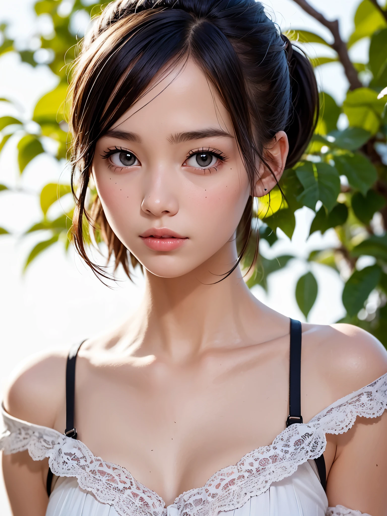 One Girl,(1人のとてもcute女の子:1.3),masterpiece,Highest quality,High resolution,From below,Low - Angle,Photorealistic,RAW Photos,Ray Tracing,beautiful girl,(15 years old:1.3),cute,Big eyes,(detailed pupils:1.2),(The face is facing straight ahead:1.3),Body facing forward,Beautiful nose,High nose,Upturned nose,Fuller lips,Short black hair,ponytail,short hair,Detailed eyelashes,Thin eyebrows,Very fine grain definition,(Symmetrical eyes:1.3),(Face close-up,Face Focus:1.0),Small breasts,Short neck,Off the shoulder,Red and white brick building,Western-style building,poplar tree,Portrait,View Viewer,Upper Body,Cinema Lighting,High resolution,Very detailed