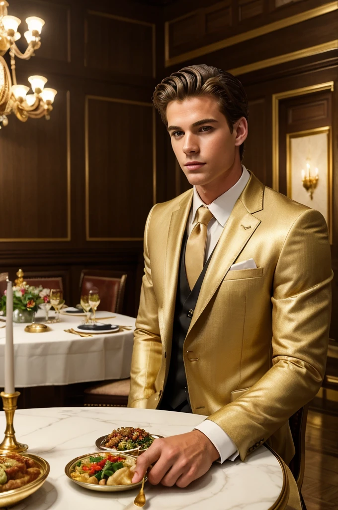 ((best quality)), ((masterpiece)), (detailed), perfect faceA fit handsome rich white boy in suit and gold locket sitting in luxury dining hall and eating luxury vegetarian food on a long dining table. And bodyguard standing back with advanced guns and advanced gadget