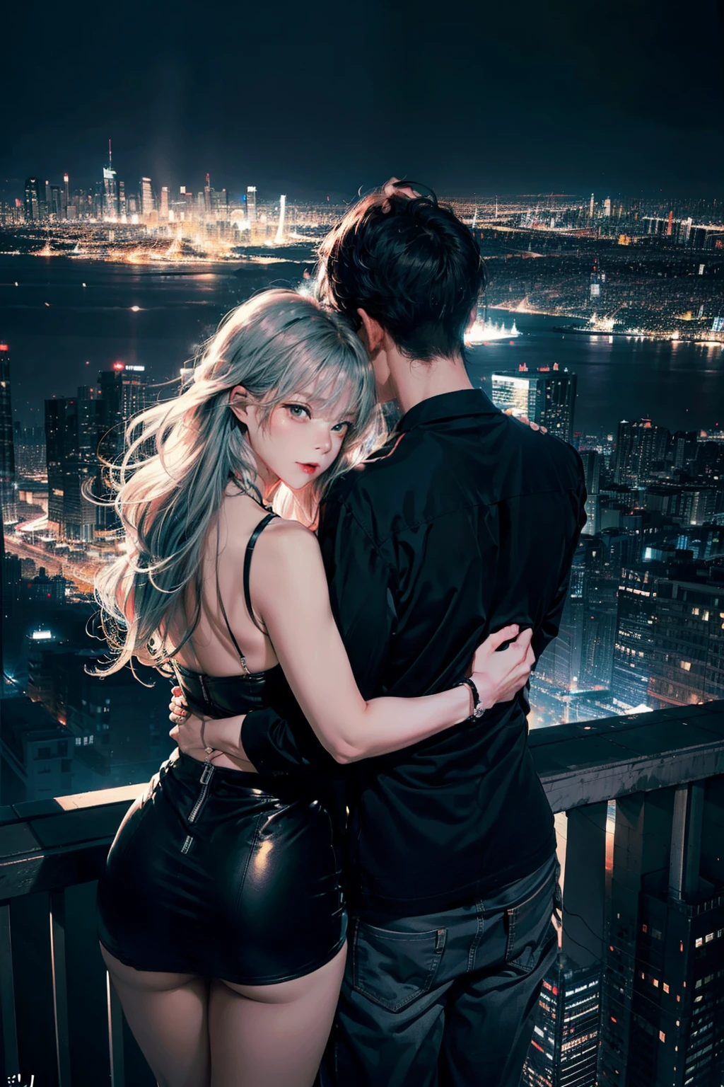 Craft an image of a couple atop a skyscraper, gazing over a stunning cityscape at twilight. Their backs are to the camera, with the woman leaning on the mans shoulder, sharing a moment of intimacy against the sprawling city lights staring at the city together
((best quality)), ((masterpiece)), (detailed)