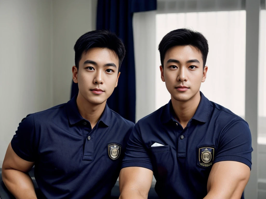 A male police officer in his 20s poses for a group photo., Wear a navy blue polo shirt., high resolution, Masterpiece, best quality, head:1.3,, Smooth and fine skin, clear focus, (movie light), during the night, gentle light, Dynamic angle, (detailed face:1.2), (((exercise))), sport, His arm muscles were very big., hand in crotch, in his bedroom