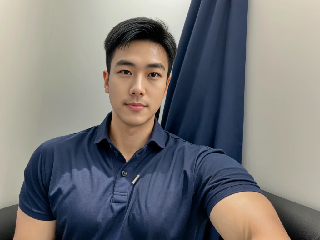A male police officer in his 20s poses for a group photo., Wear a navy blue polo shirt., high resolution, Masterpiece, best quality, head:1.3,, Smooth and fine skin, clear focus, (movie light), during the night, gentle light, Dynamic angle, (detailed face:1.2), (((exercise))), sport, His arm muscles were very big., hand in crotch, in his bedroom ,natural and delicate,