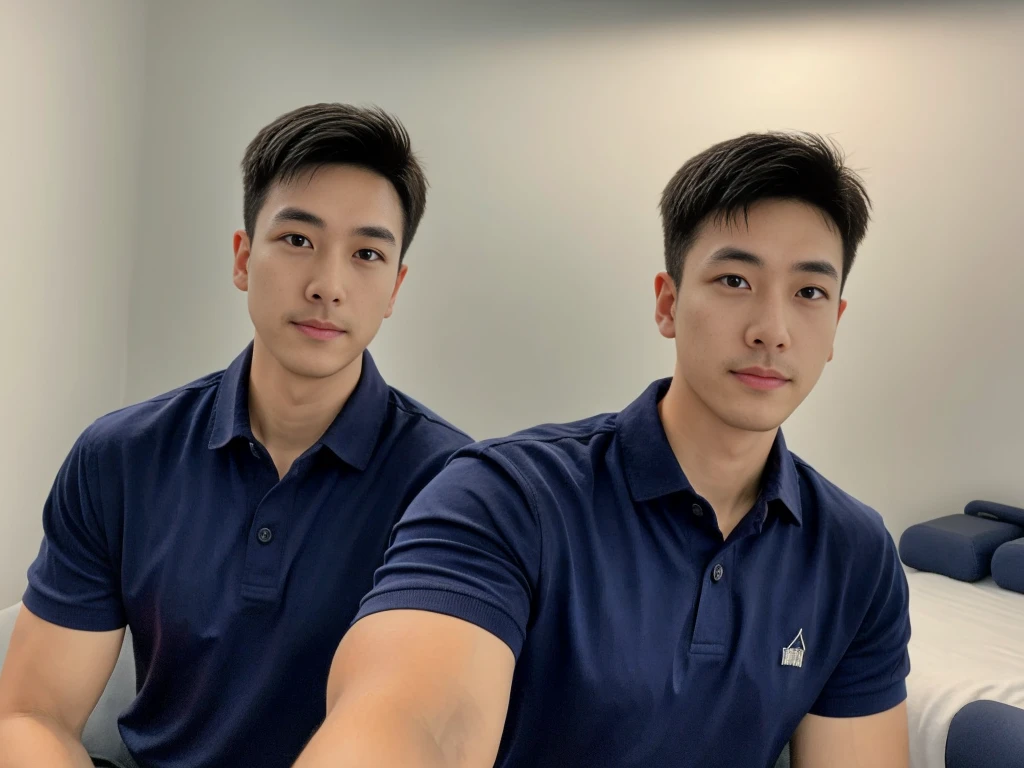 A male police officer in his 20s poses for a group photo., Wear a navy blue polo shirt., high resolution, Masterpiece, best quality, head:1.3,, Smooth and fine skin, clear focus, (movie light), during the night, gentle light, Dynamic angle, (detailed face:1.2), (((exercise))), sport, His arm muscles were very big., hand in crotch, in his bedroom