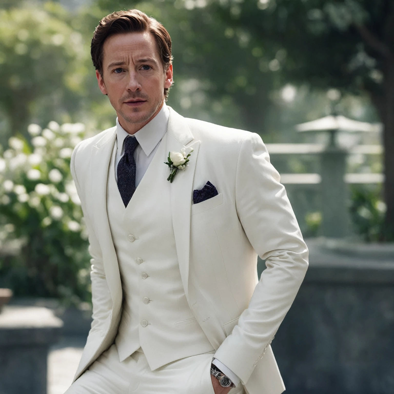 Peter James Parker, wearing a white wedding suit, beautiful background.