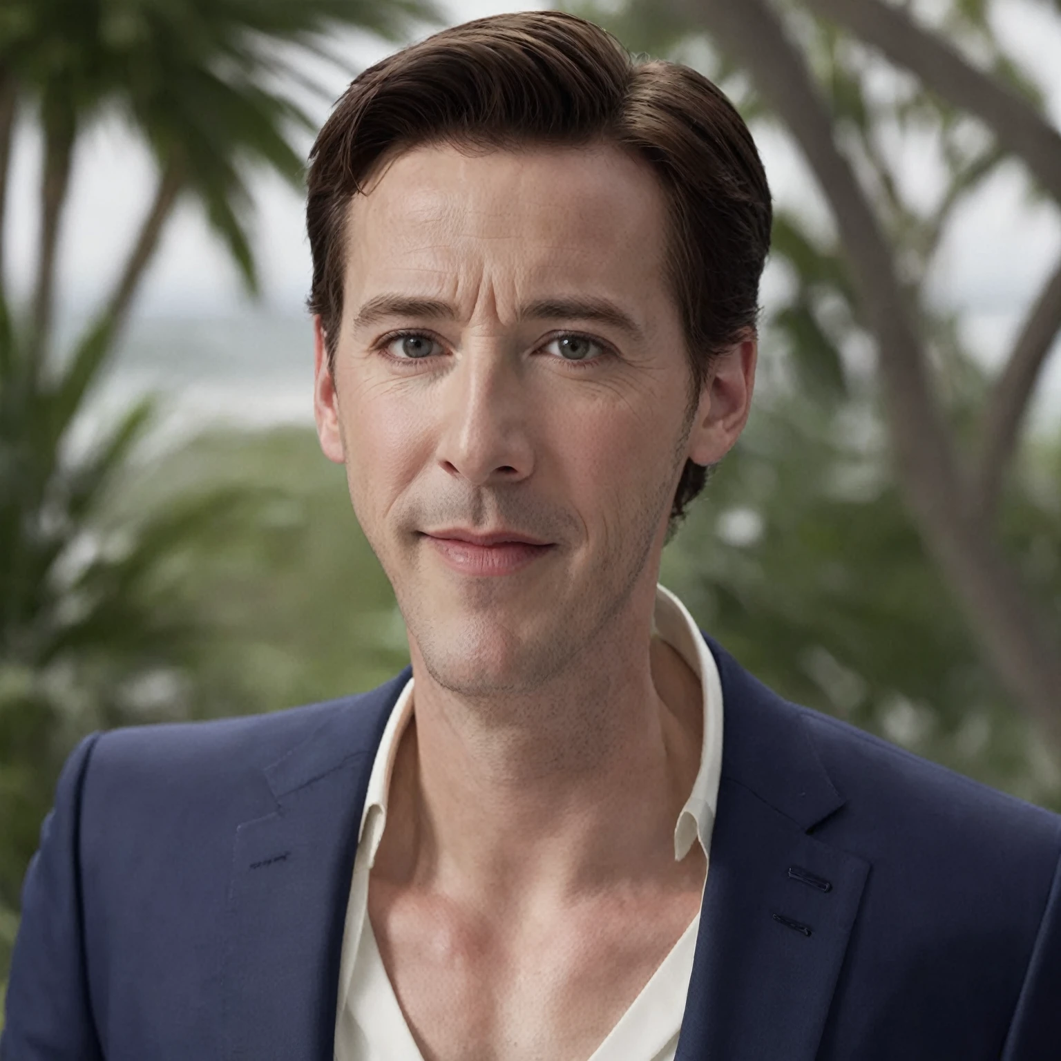 Peter James Parker, wearing a white wedding suit, beautiful background.