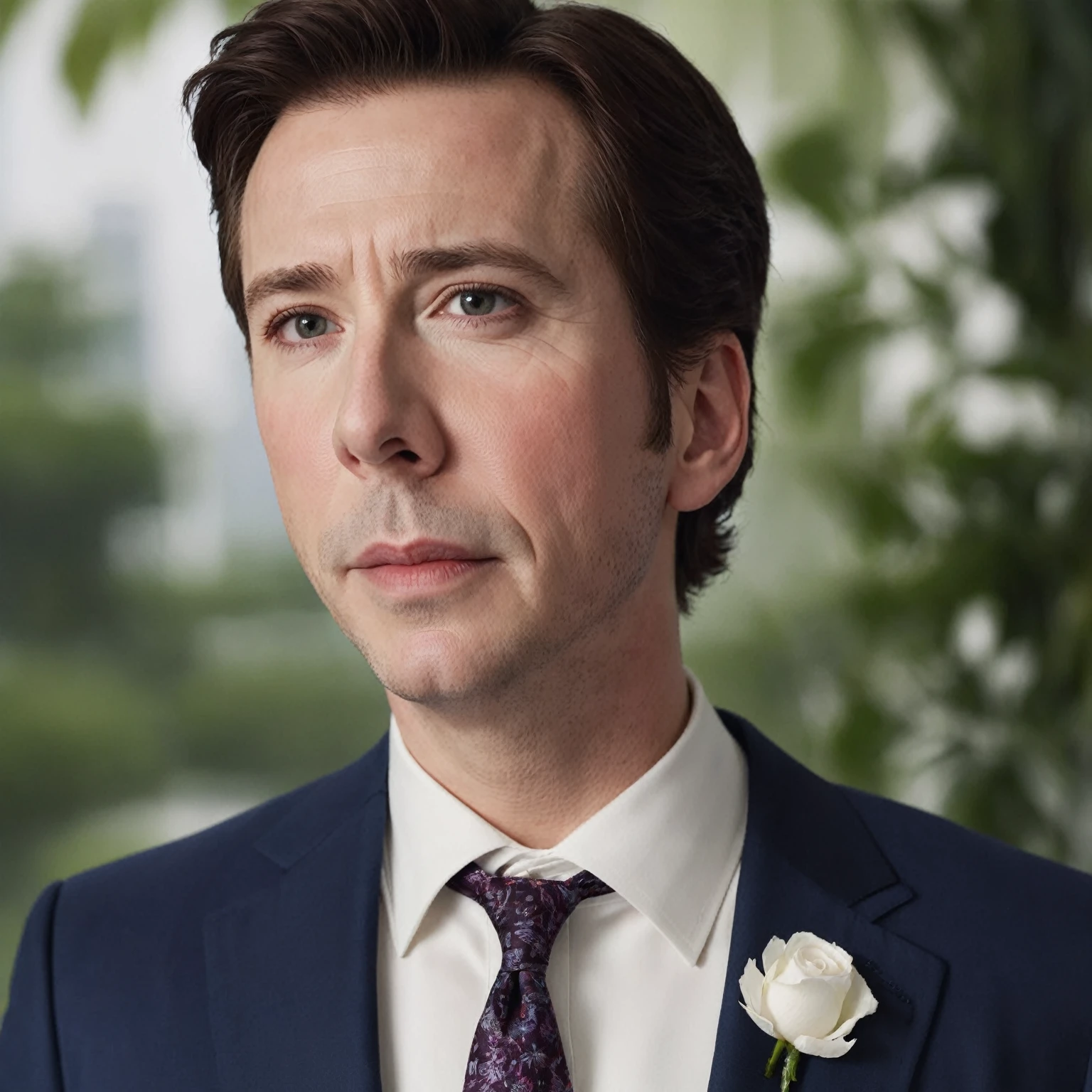 Peter James Parker, wearing a white wedding suit, beautiful background.