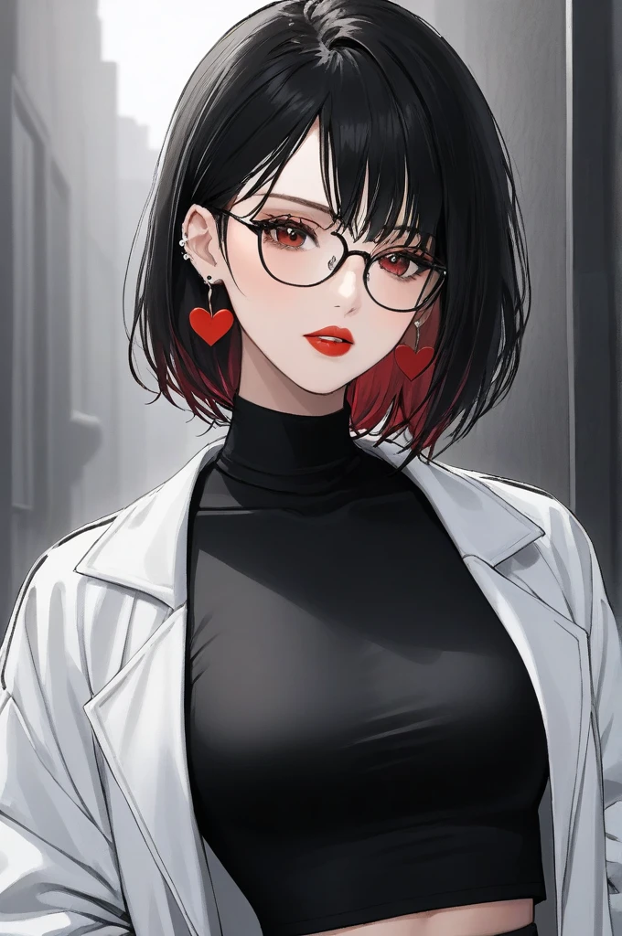 One woman ,wolf cut hairstyle ,red lipstick,black glasses,sharp jawline,face makeup,mole under right eye, heart earrings ,dark red eyes,black crop top,black pants,white jacket 